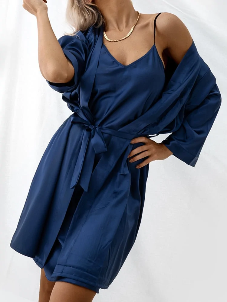 BITTER BLUE SATIN KIMONO &...