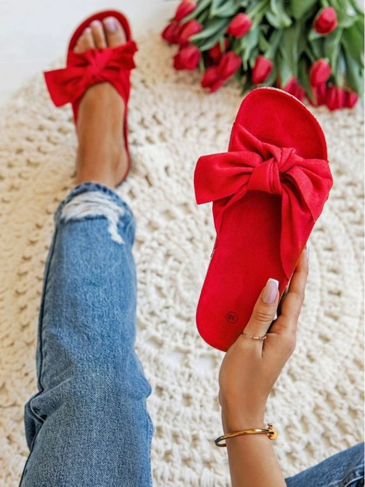 RED SUEDE BOW SLIPPERS