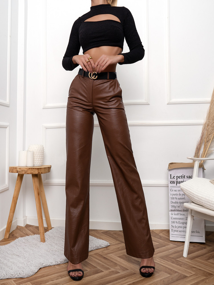 BROWN ECO LEATHER PANTS -PEGGY