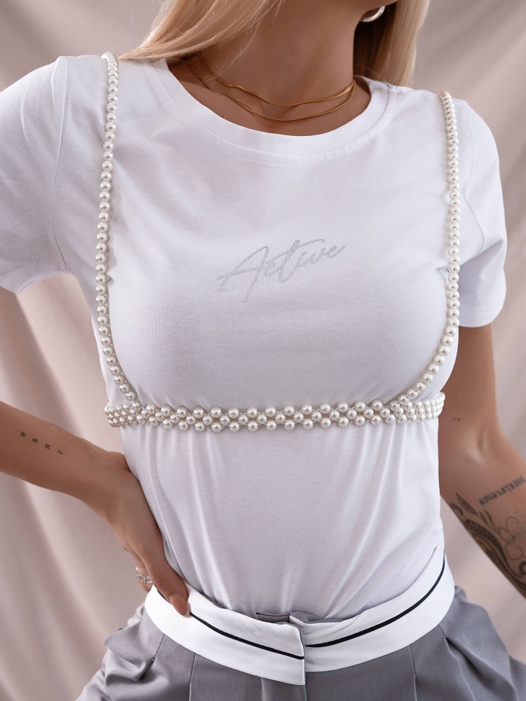 WHITE T-SHIRT WITH PEARLS -...