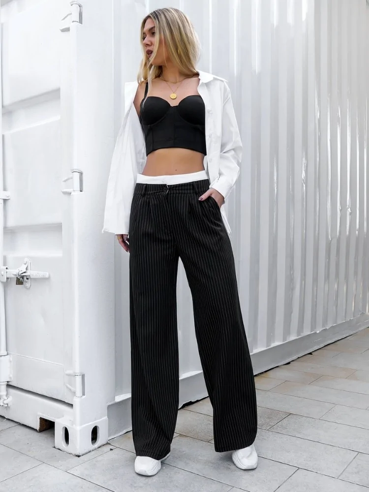 BLACK STRIPPED PANTS - LARNIE