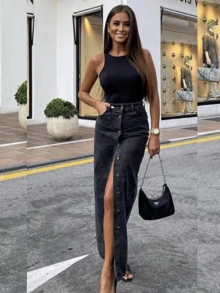 MAXI BLACK JEAN SKIRT - JABAR