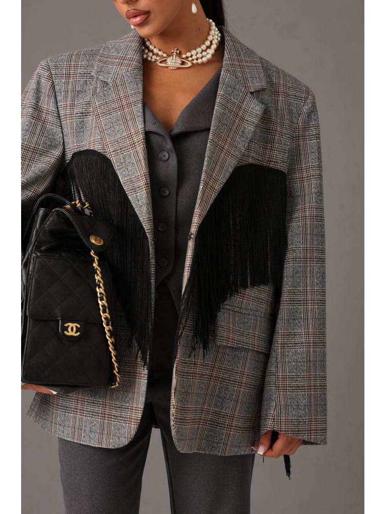 TARTAN FRINGE BLAZER BY LUMINA